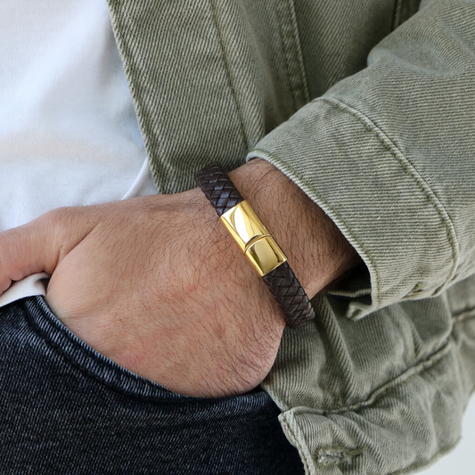 Pulsera de Cuero Clásica GOLD - Cuero Marrón