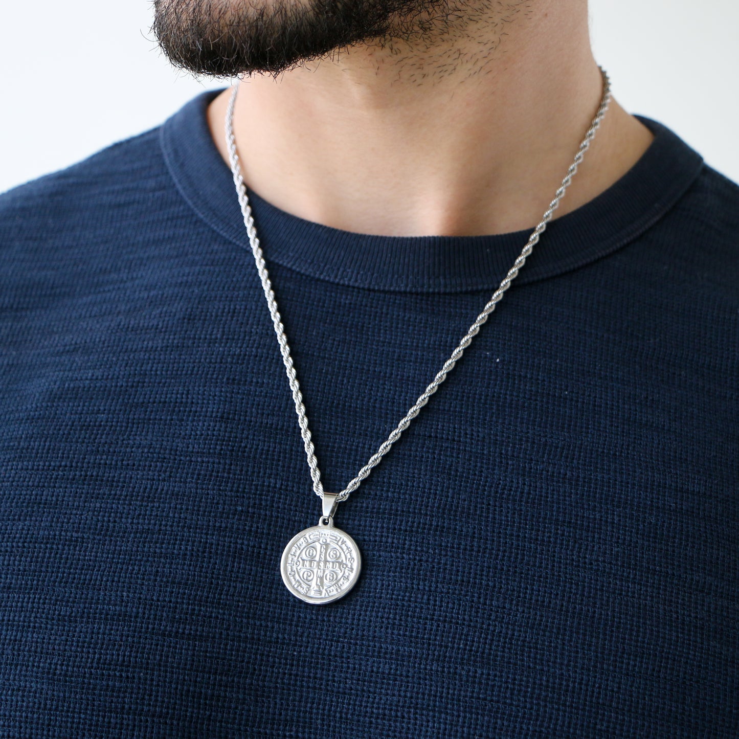 Cadena Rope con Medalla de San Benito SILVER