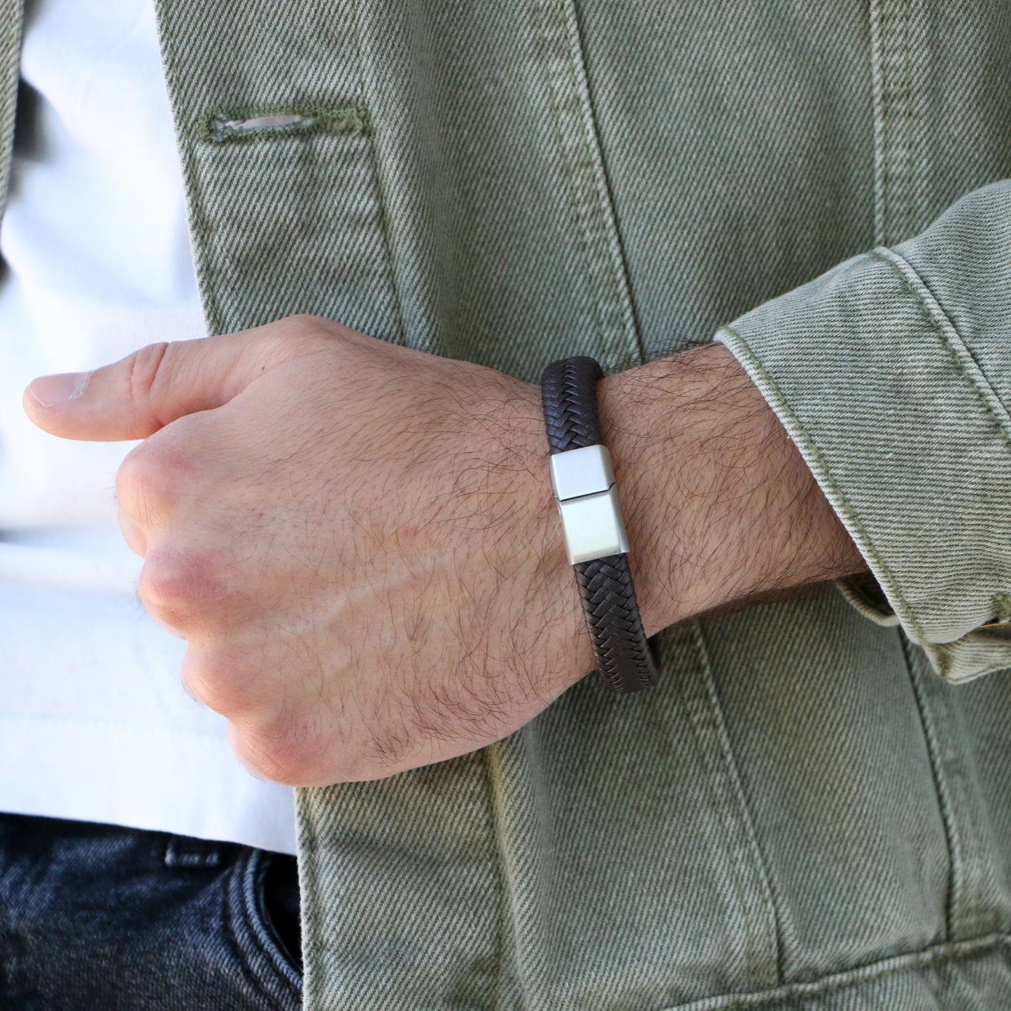 Pulsera de Cuero Clásica SILVER - Cuero Marrón