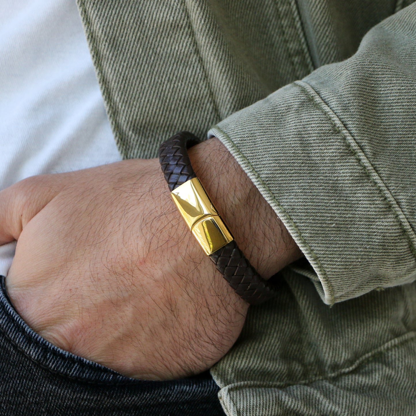 Pulsera de Cuero Clásica GOLD - Cuero Marrón